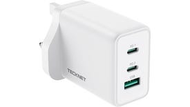 tecknet three-port GaN charger with a UK plug and three USB ports, two USB-C and one USB-A (full-size USB)