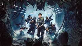 A squad of soldiers enters a chamber filled with alien eggs and tentacles in Aliens: Dark Descent