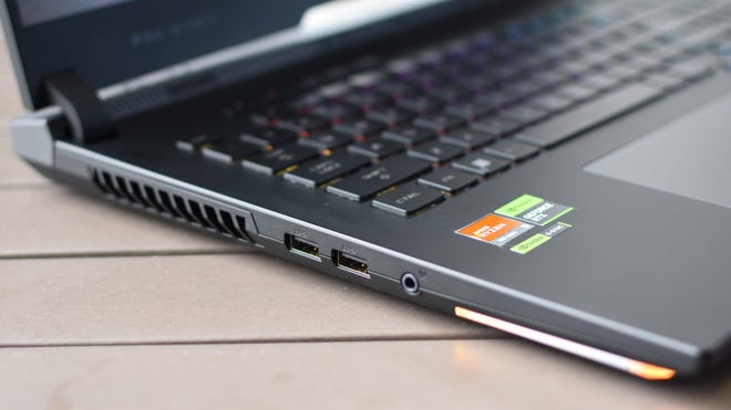 A closeup of the left-side ports on the Asus ROG Strix Scar 17 gaming laptop.