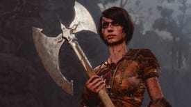 A female barbarian from Baldur's Gate, holding a massive axe
