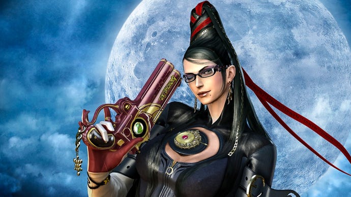 Key art for PlatinumGames's Bayonetta, showing the title character winking and cocking her pistol against the backdrop of a full moon.