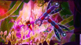 The little shadowy gloomling in Doomblade jumping around a pink and green arena being attacked by giant caterpillars