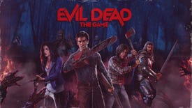 Key art for Evil Dead: The Game showing a younger Ash Williams, feat. chainsaw hand, alongside other favourite characters from the franchise. Zombie arms are visible reaching for them from off screen.