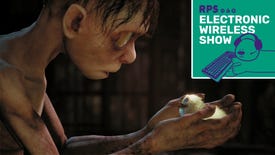 Gollum from Lord Of The Rings Gollum looks at a little chick he's holding in his hands. The Electronic Wireless Show logo is over the top right corner