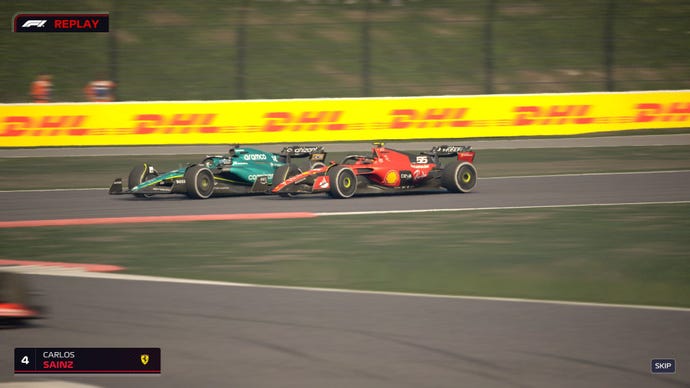 Cars race on a track with DHL branding in the background in F1 Manager 2023