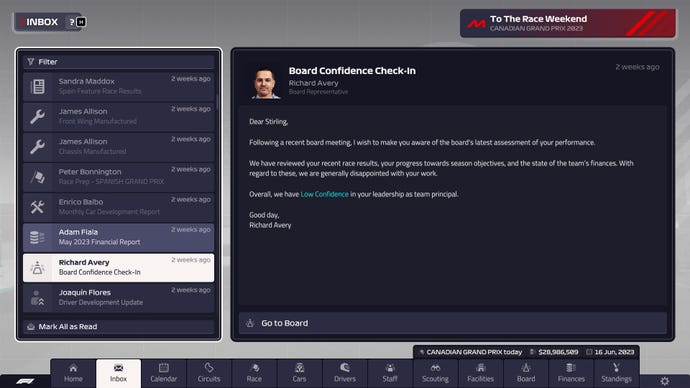 An email screen from F1 Manager 2023