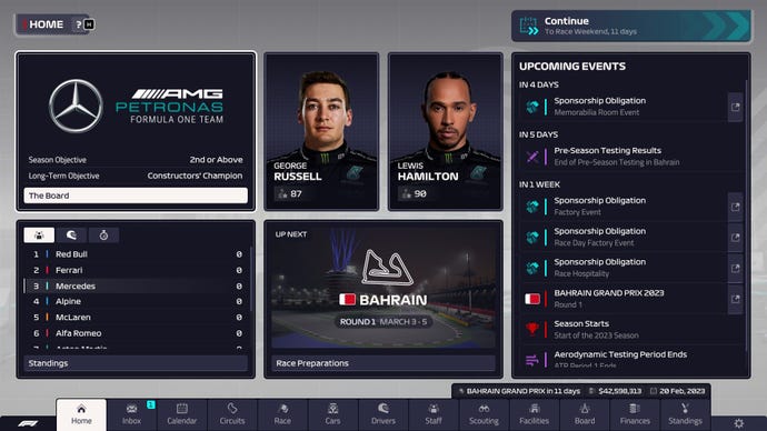 A menu screen for Mercedes in F1 Manager 2023
