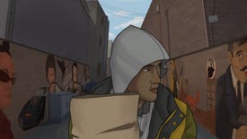 Frank And Drake - Frank walks home through an alleyway with a grey hoodie over his head and a brown grocery sack in his arms.