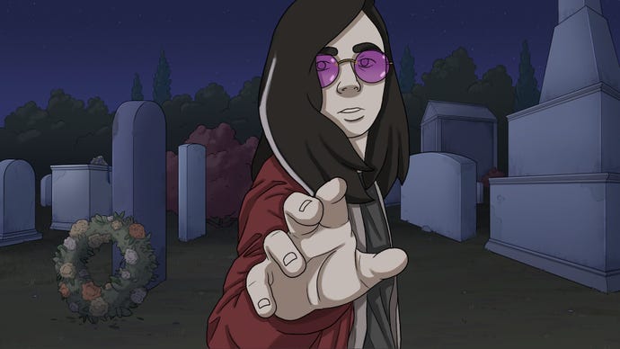 A character with long dark hair and purple circular glasses reaches towards the camera in Frank And Drake