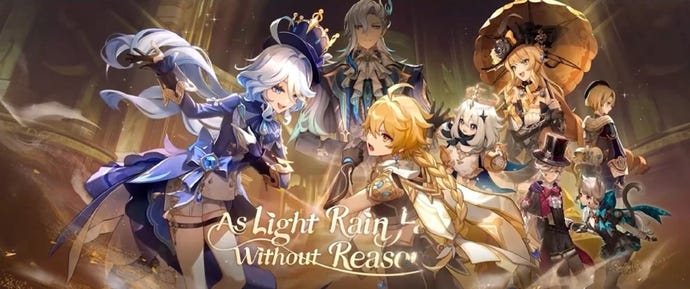 Splash art for Genshin Impact V4.0 "As Light Rain Falls Without Reason", showing Paimon and the male Traveler (Aether) alongside various new characters from the new region of Fontaine.