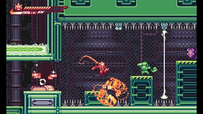 A mech warrior jumps on to a platform and dodges enemies in Gravity Circuit
