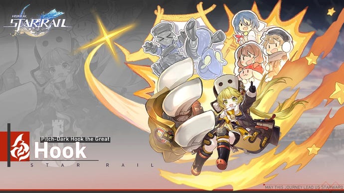 Hook gives a thumbs-up gesture in her introductory image in Honkai: Star Rail. She's surrounded by childlike chibi drawings of other characters and being held by some sort of mechanical hand.