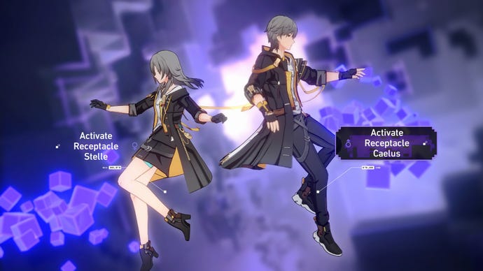 The female and male Trailblazer (Stelle and Caelus, respectively) float in a purple void prior to the player choosing one or the other in the opening scenes of Honkai: Star Rail.