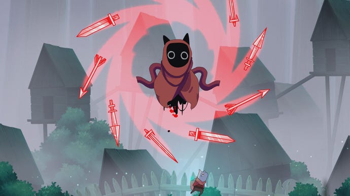 A boss in Islets: a kind of noodle-armed cat in a red robe, firing a corona of red swords