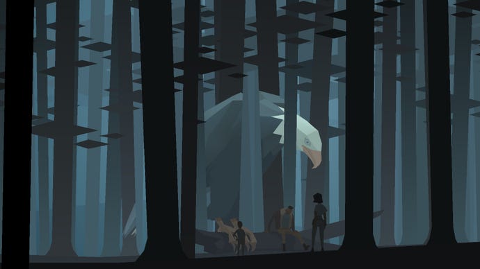 In a dimly-lit forest, a giant eagle looms over a group of much smaller humanoid figures, all of whom are sitting companionably on the same log the eagle is perched on.
