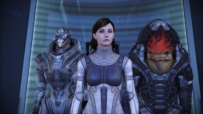 Shepard, Garrus and Wrex hanging out in a Mass Effect elevator.