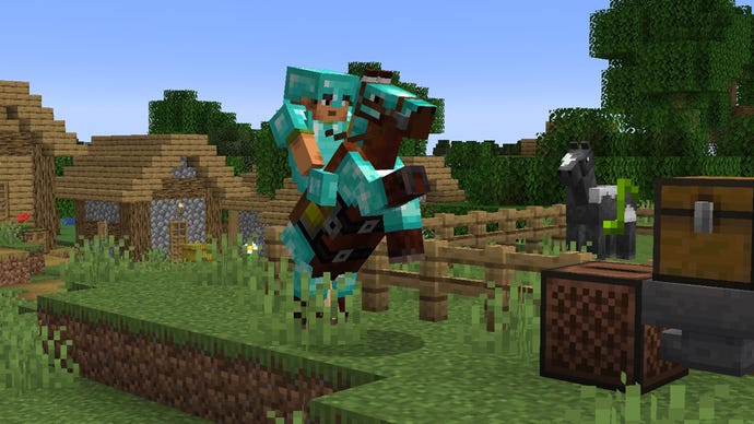 In-game screenshot of Minecraft showing a character riding a horse.