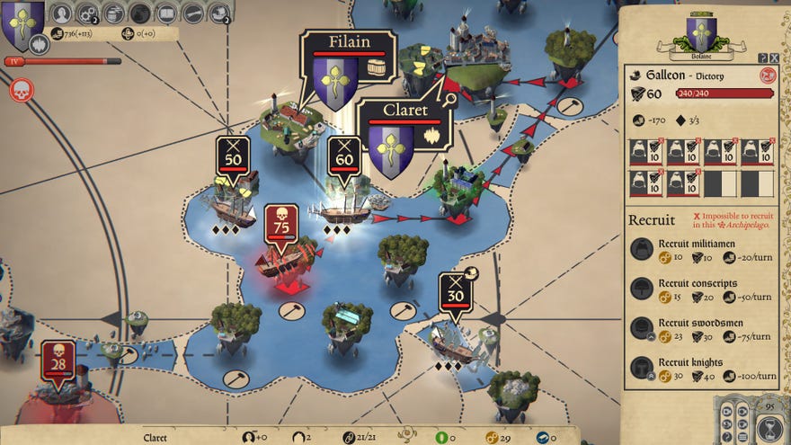 A partially zoomed in tactical map in Myraids: Renaissance showing several enemy airships