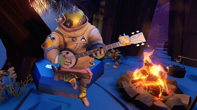 Riebeck from Outer Wilds playing his banjo by the fire