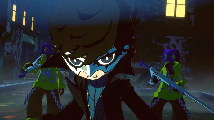 A screenshot from Persona 5 Tactica, showing a chibi version of Joker surrounded by paintballers in an alleyway.