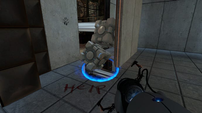 Two weighted storage cubes struggle to fit into a blue portal in Portal.