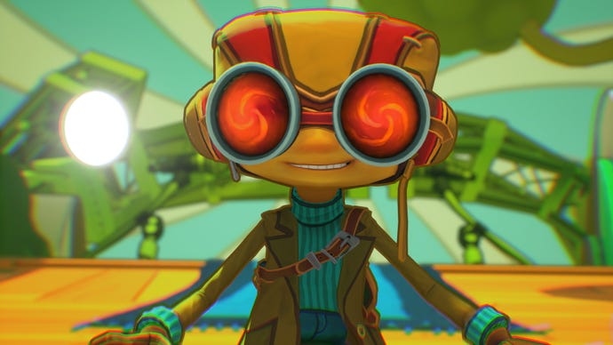 Raz smiles against a colourful background in Psychonauts 2