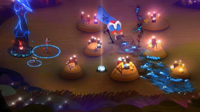 Players weave between mounds of sand in Pyre