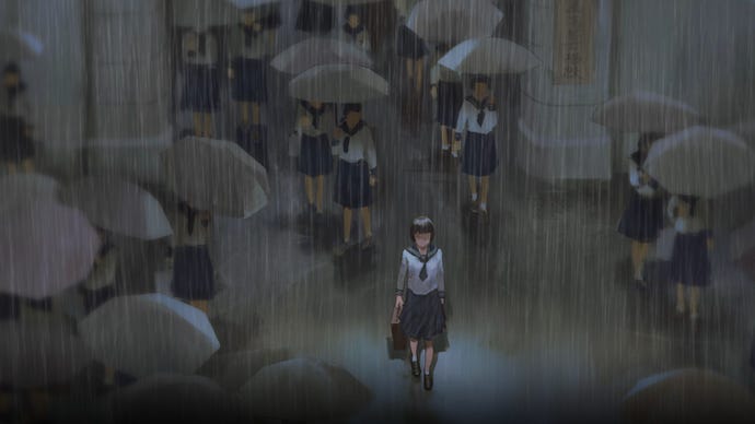 A schoolgirl walking through a crowd in the rain in Raid On Taihoku
