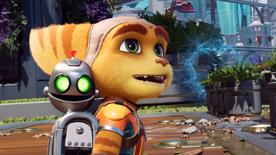 Ratchet and Clank smile in a cutscene from Ratchet & Clank: Rift Apart.