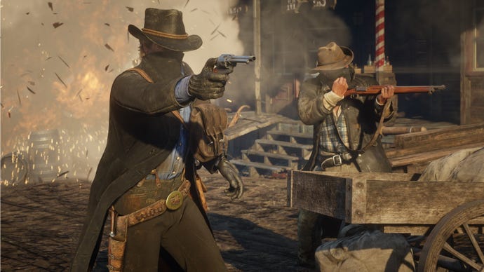 Red Dead Redemption 2 image showing Arthur Morgan and an ally firing a revolver and rifle respectively. They both wear bandanas. An explosion is going off behind them.