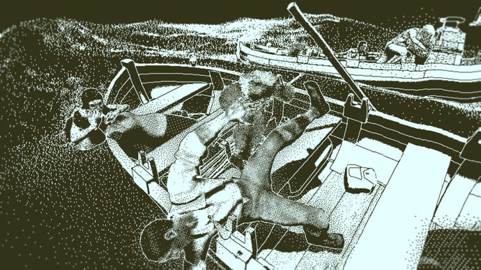 A crew is pulled overboard by mermaids in Return Of The Obra Dinn