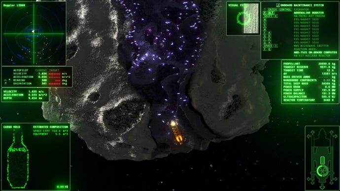 A spaceship moves carefully through the centre of an asteroid in V: Rings of Saturn