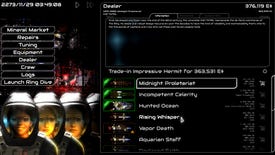 A trading screen in Rings Of Saturn, the three traders' faces in their spacesuits in the bottom left