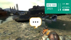 A speech bubble appears in front of the player on beach in Half-Life 2: Lost Coast, with the RPS 100 logo in the top right corner.