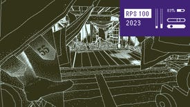 A leg hands out of a hammock in Return Of The Obra Dinn, with the RPS 100 logo in the top right corner