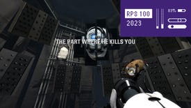 The chapter 9 title screen for Portal 2, showing Wheatley and a potato GLaDOS attached to your Portal gun, with the RPS 100 logo in the top right corner