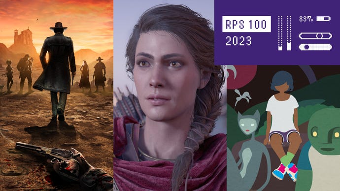 Artwork for Desperados 3, Assassin's Creed Odyssey and Mutazione, with the RPS 100 logo in the corner