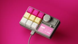 A number pad with keys that read RPS 100, on a pink background