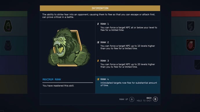 A screenshot of the skill screen in Starfield, showing the Intimidation skill details.