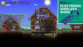 A screenshot of a lovely four level house with outbuildings in Terraria, with the EWS Podcast logo in the top right corner