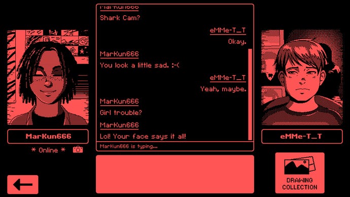 A text chat between Emmett and Markus in Videoverse