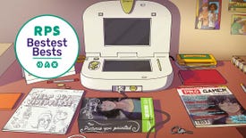 A desk scene with a dual-screen video games console and several magazines and game boxes, with the RPS Bestest Best logo in the left corner