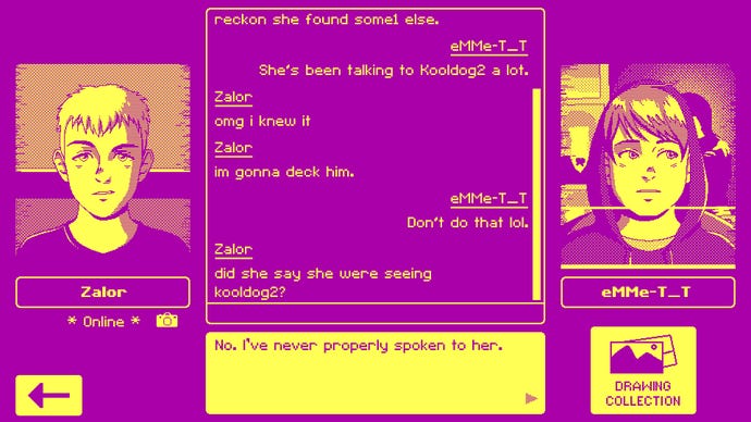 A text chat between Emmett and Zalor in Videoverse