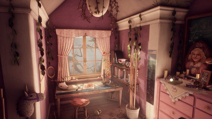 Barbara Finch's very pink bedroom in a What Remains of Edith Finch screenshot.
